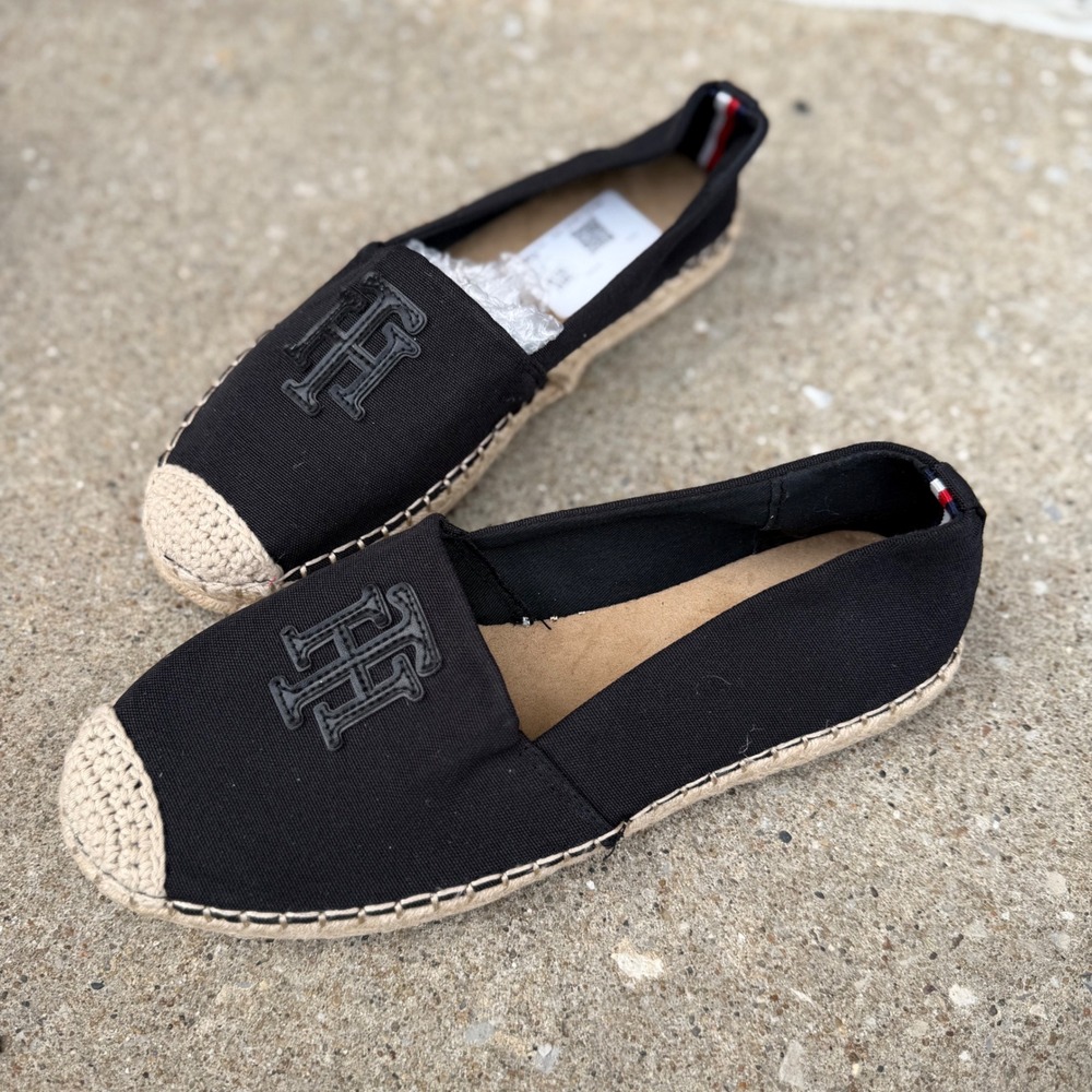 Tommy Hilfiger Anni2 Women Sz 8.5M Black Canvas Espadrille Logo Flats - Picture 8 of 11